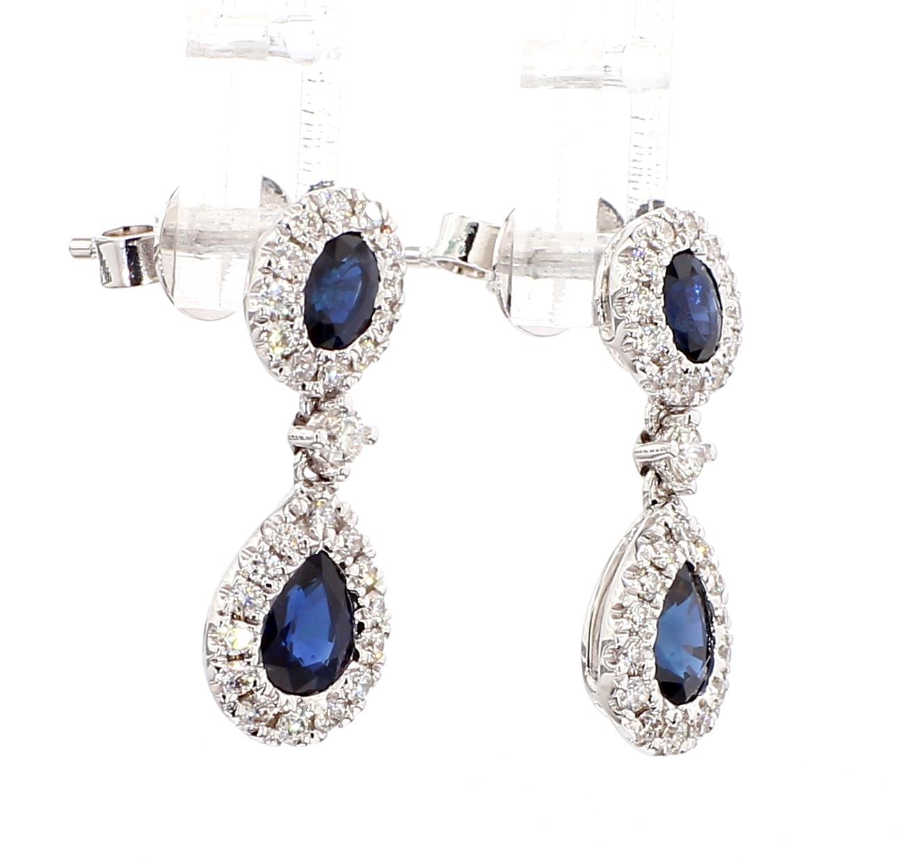 Natural Blue Pear Sapphire and White Diamond 1.66 Carat TW Gold Drop Earrings