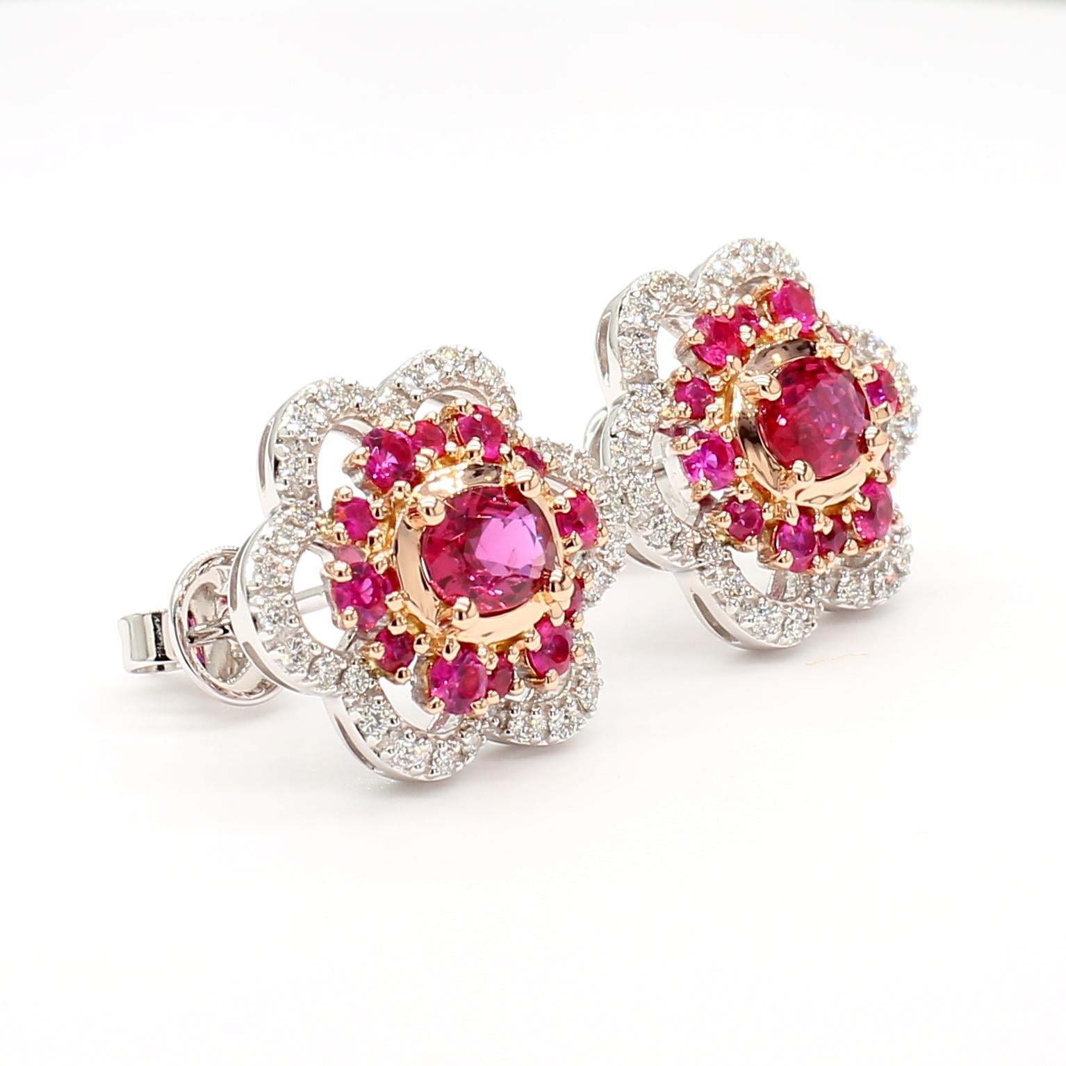 Natural Red Oval Ruby and White Diamond 1.68 Carat TW Gold Stud Earrings