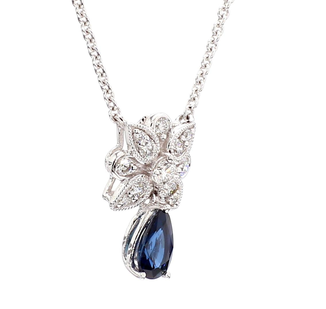 Natural Blue Pear Sapphire and White Diamond 0.57 Carat TW White Gold Necklace