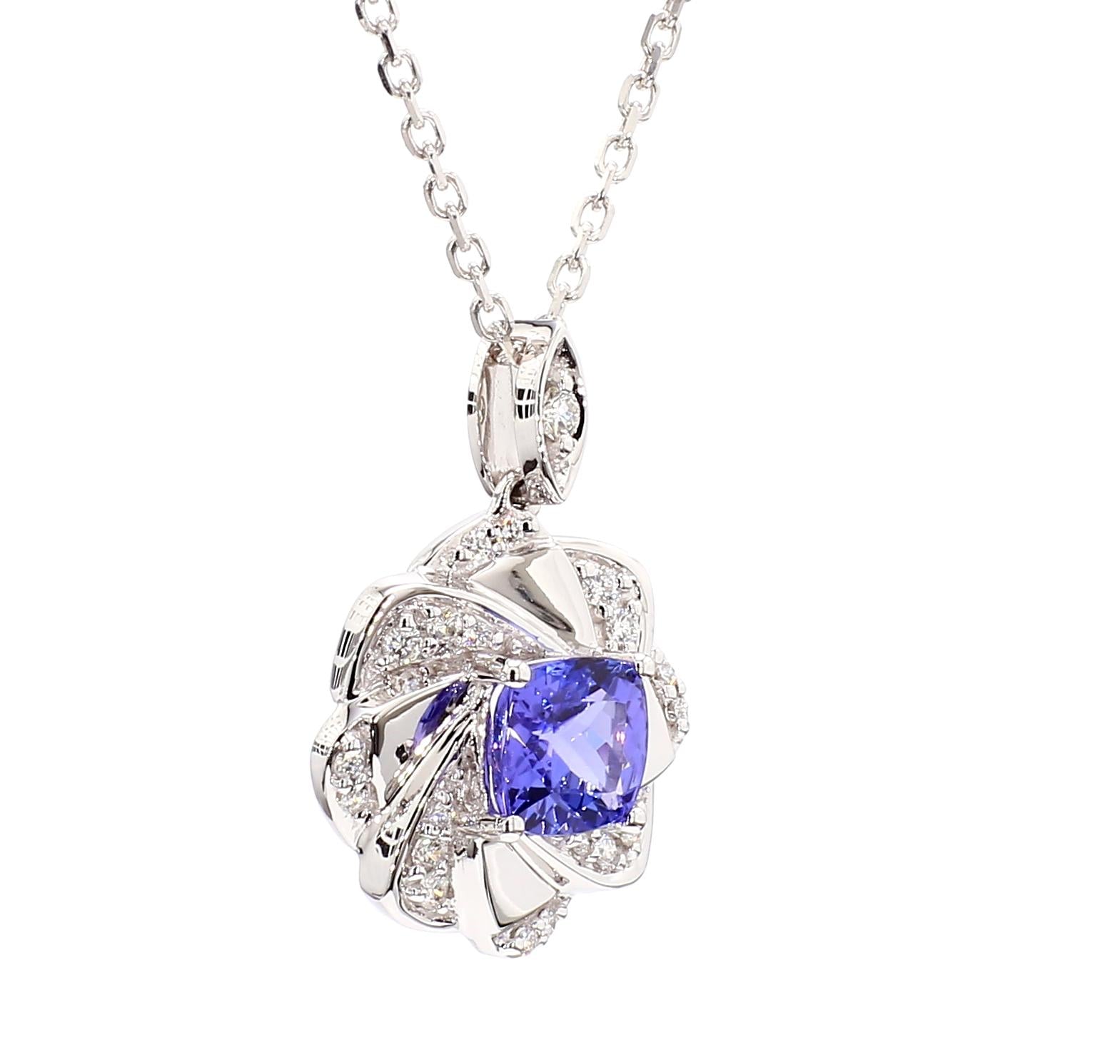 Natural Blue Cushion Tanzanite and White Diamond 1.21 Carat TW Gold Drop Pendant