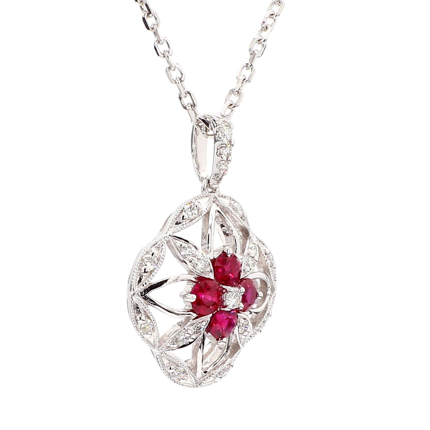 Natural Round Red Ruby and White Diamond .62 Carat TW White Gold Drop Necklace