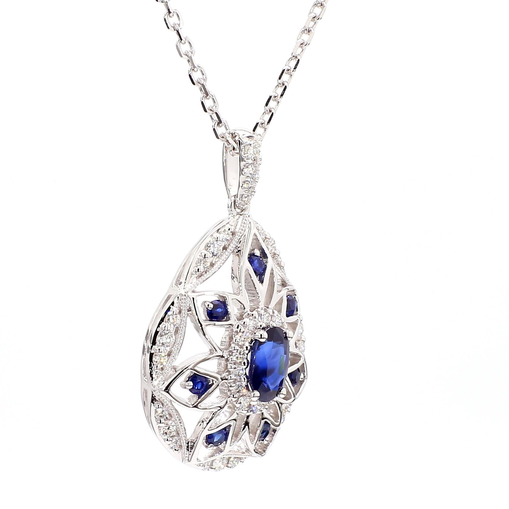 Natural Blue Oval Sapphire and White Diamond 1.08 Carat TW Gold Drop Pendant