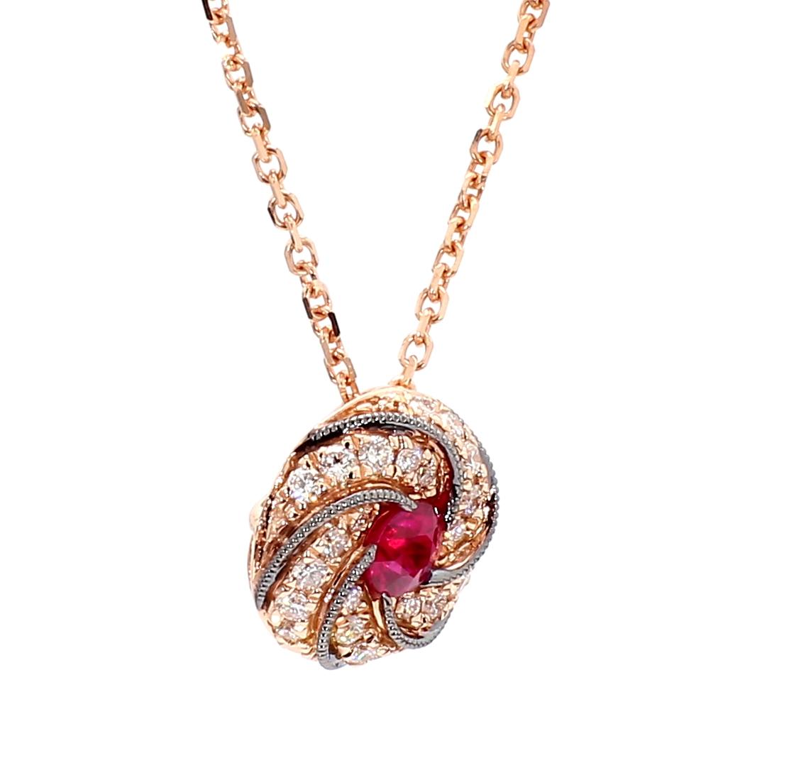 Natural Round Red Ruby and White Diamond .35 Carat TW Rose Gold Pendant