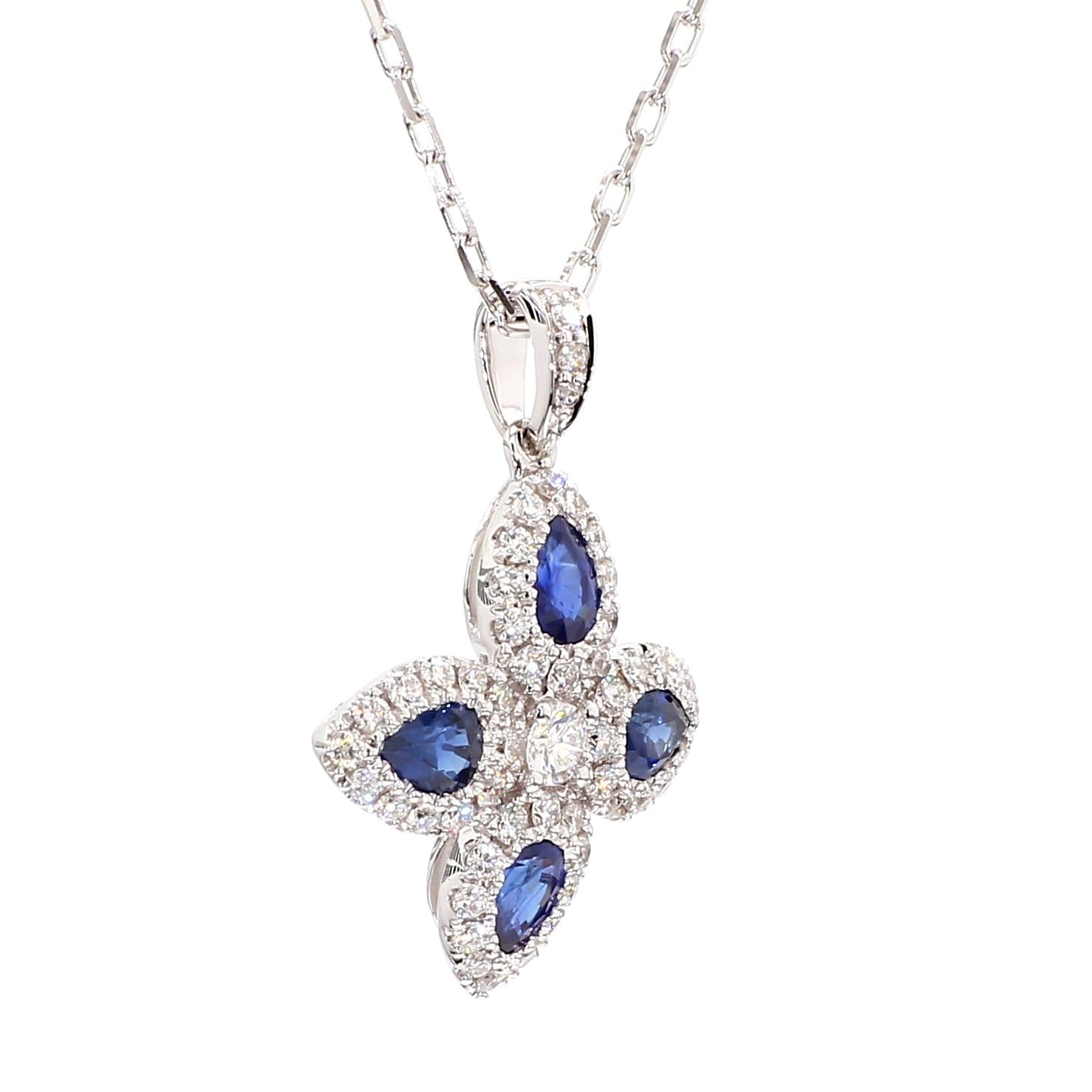 Natural Blue Pear Sapphire and White Diamond 1.26 Carat TW Gold Drop Pendant