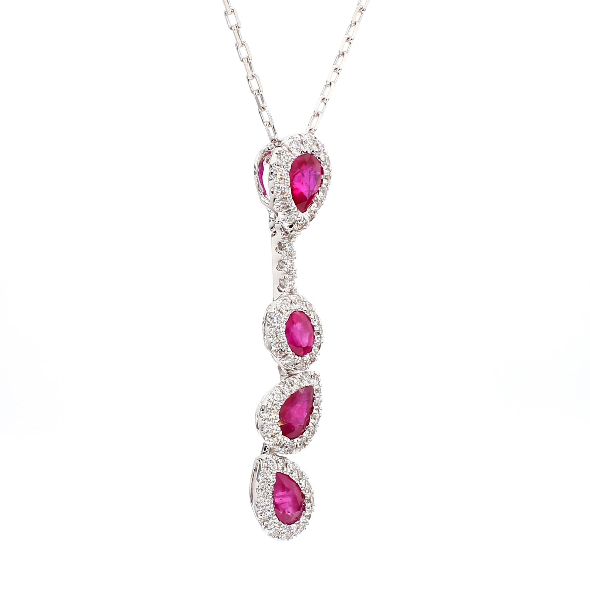 Natural Red Ruby and White Diamond 1.47 Carat TW Gold Drop Pendant