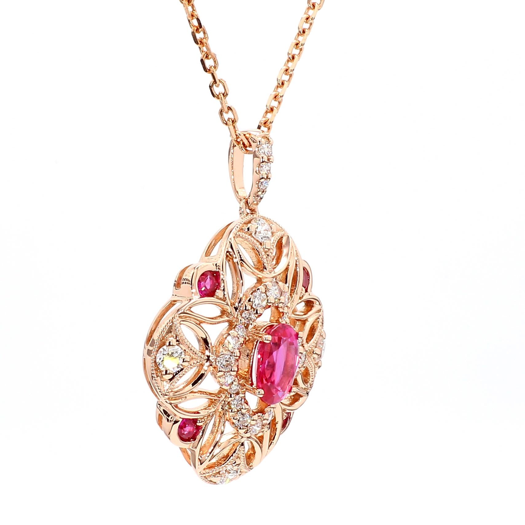Natural Oval Red Ruby and White Diamond 1.09 Carat TW Gold Drop Pendant