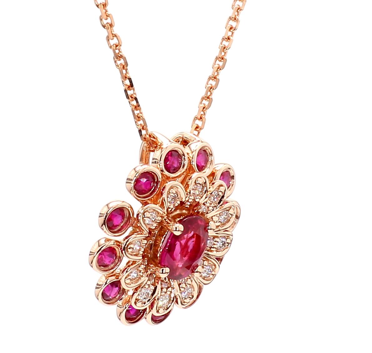 Natural Oval Red Ruby and White Diamond 0.89 Carat TW Gold Drop Pendant