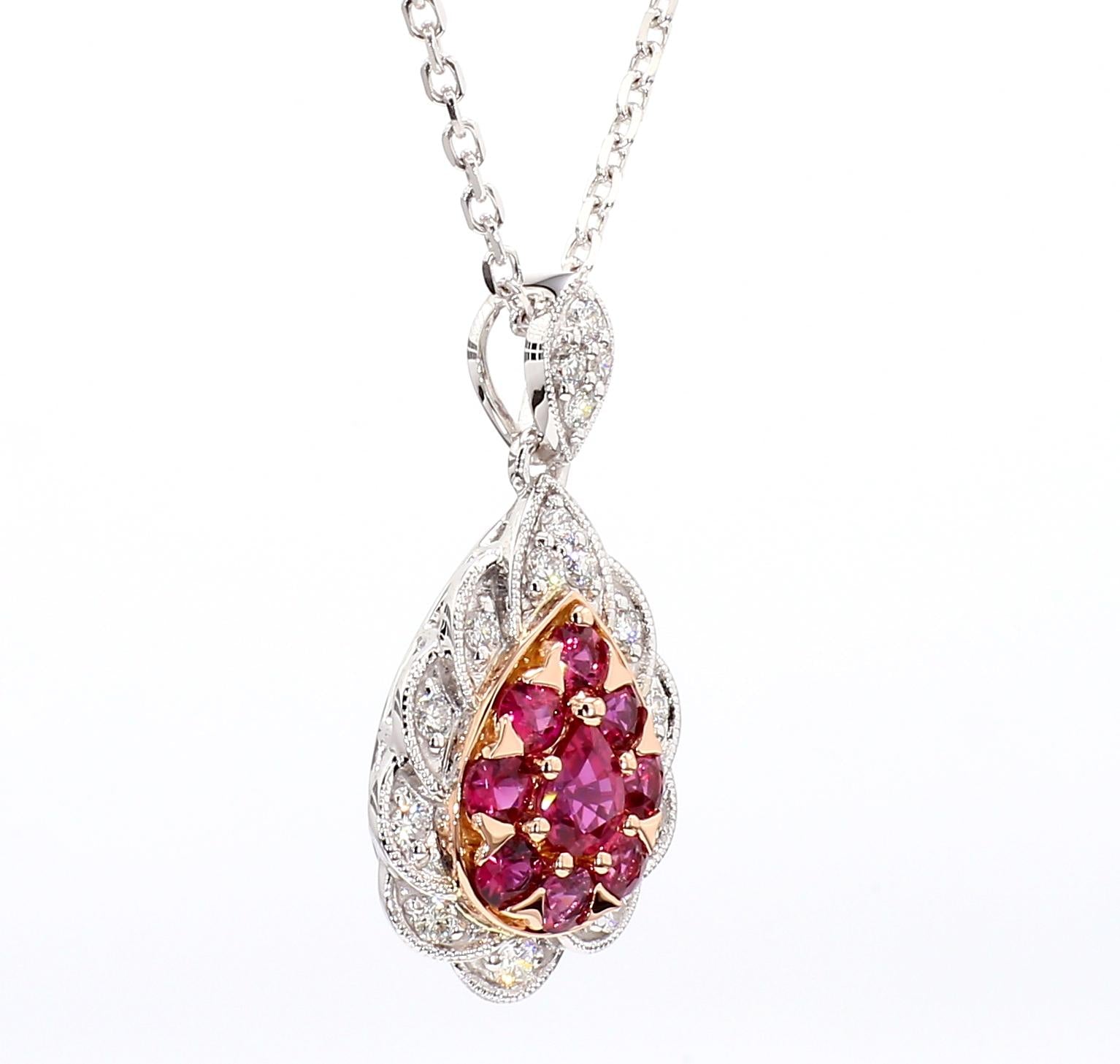 Natural Pear Red Ruby and White Diamond .91 Carat TW Gold Drop Pendant