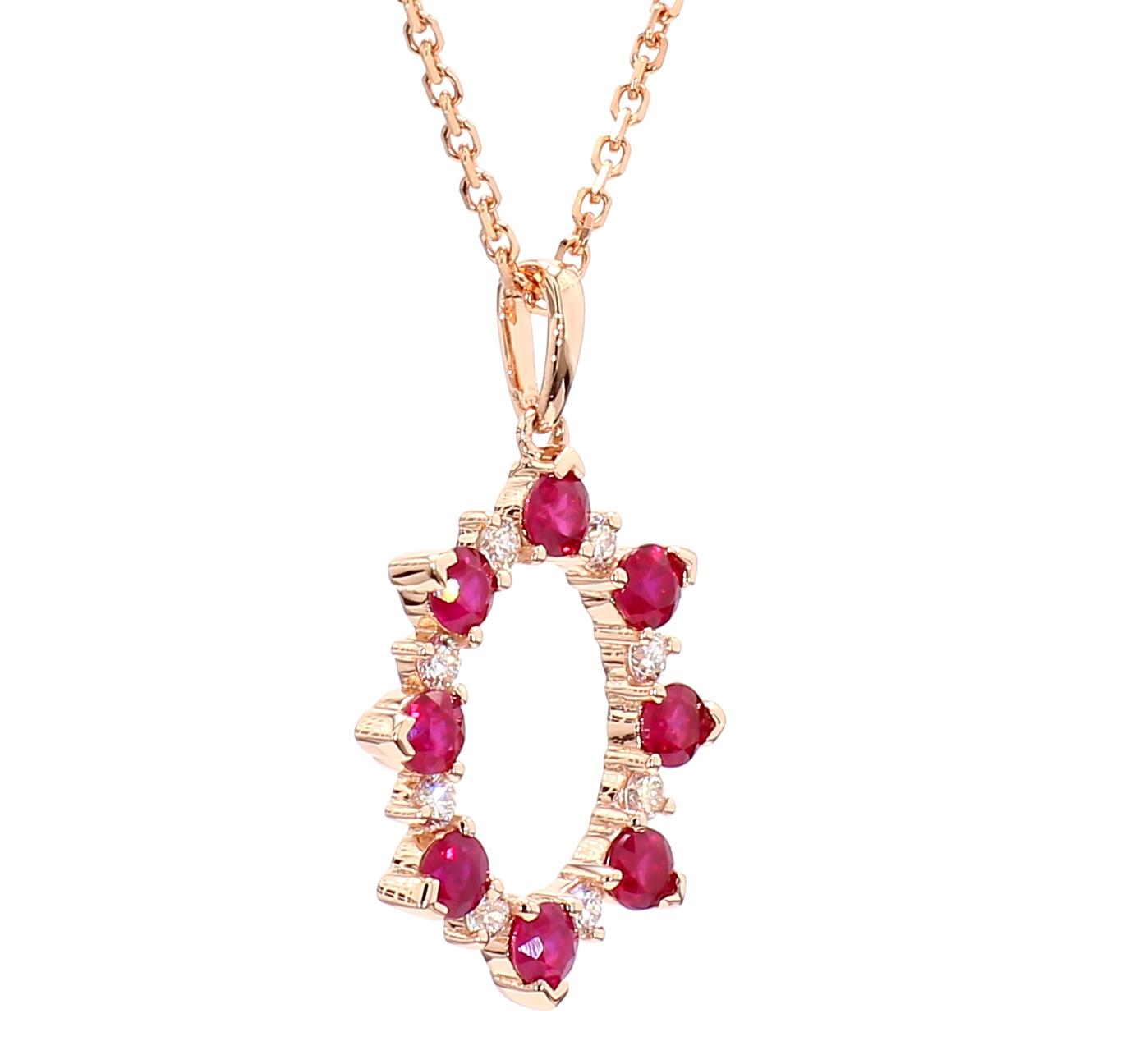 Natural Round Red Ruby and White Diamond .70 Carat TW Rose Gold Pendant