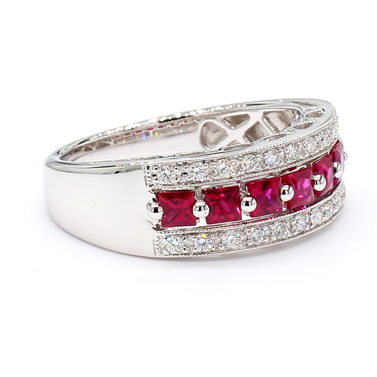 Natural Red Princess Ruby and White Diamond .96 Carat TW Gold Cocktail Band