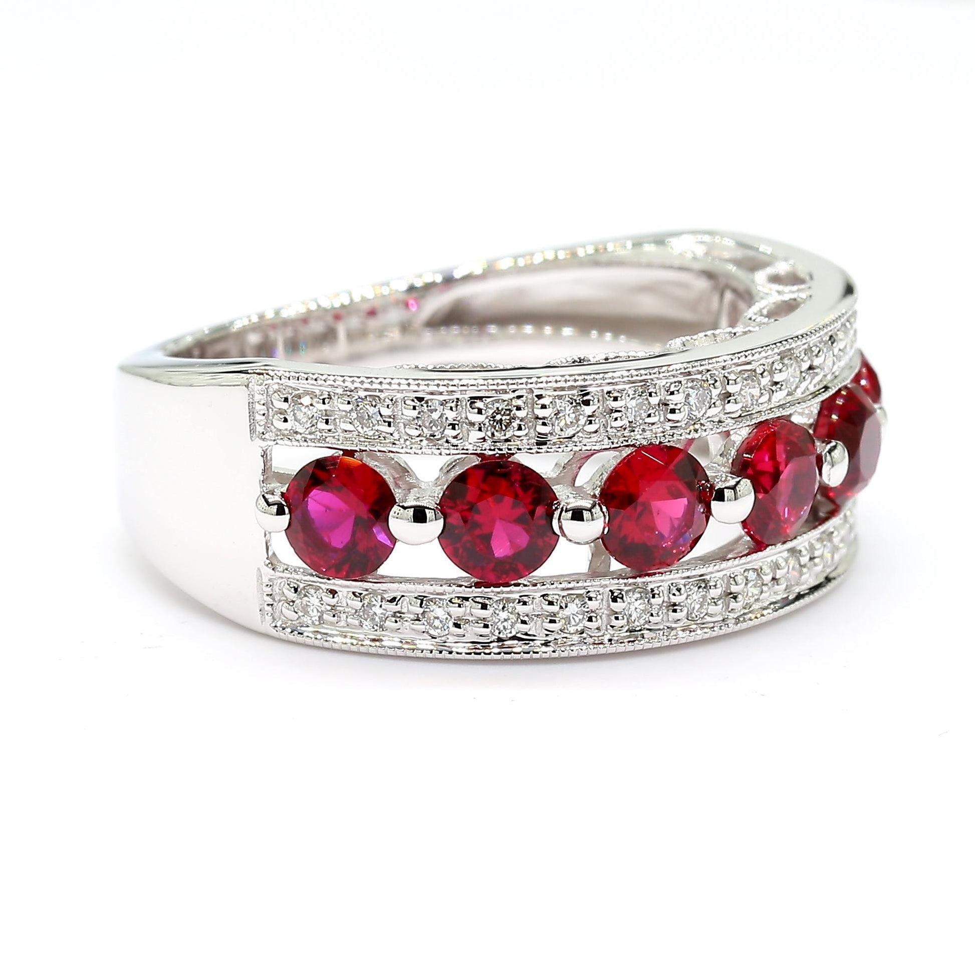 Natural Red Round Ruby and White Diamond 1.69 Carat TW Gold Cocktail Band