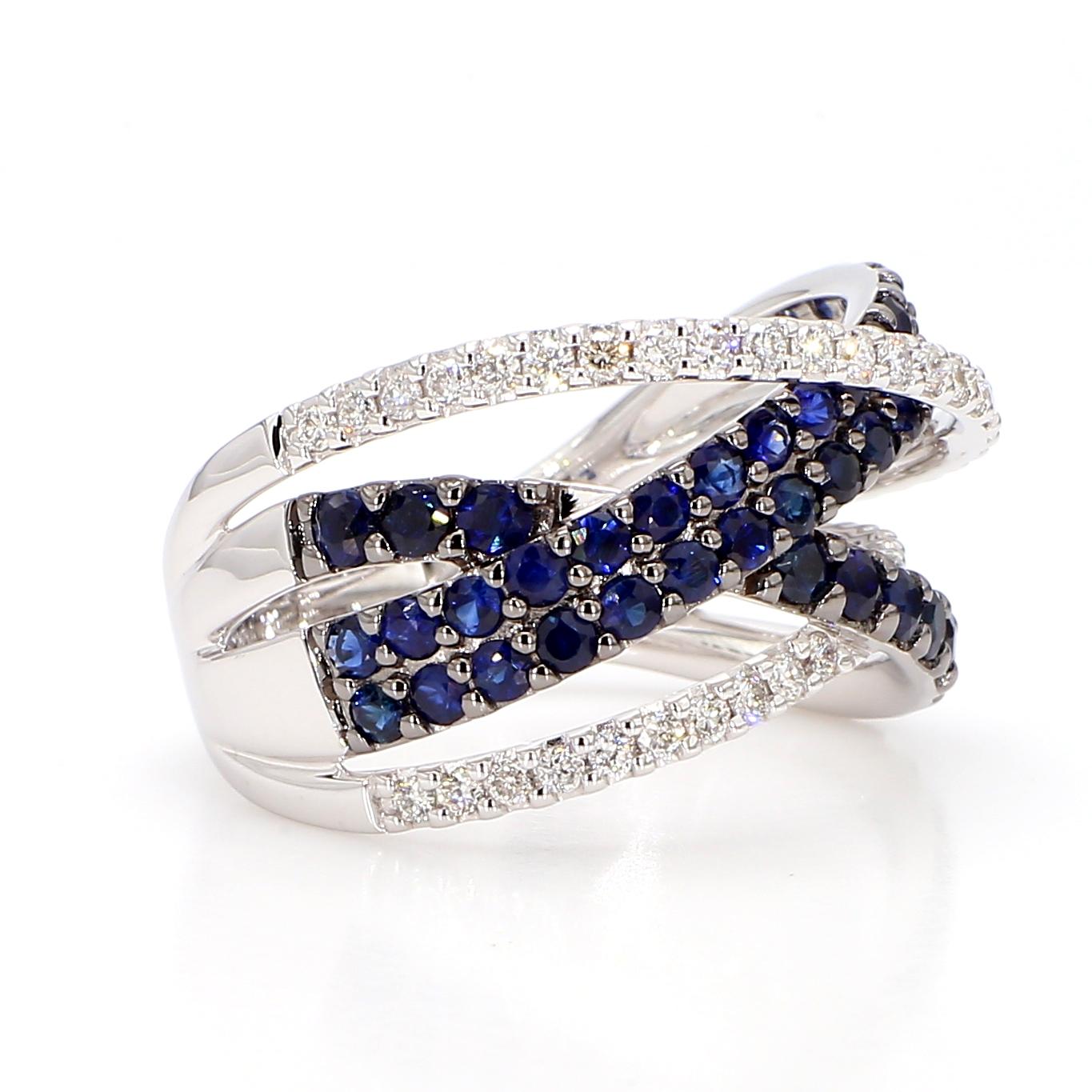 Natural Blue Round Sapphire and White Diamond 2.10 Carat TW Gold Cocktail Ring