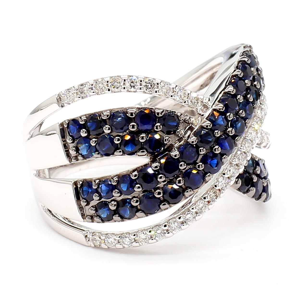 Natural Blue Round Sapphire and White Diamond 2.42 Carat TW Gold Cocktail Ring