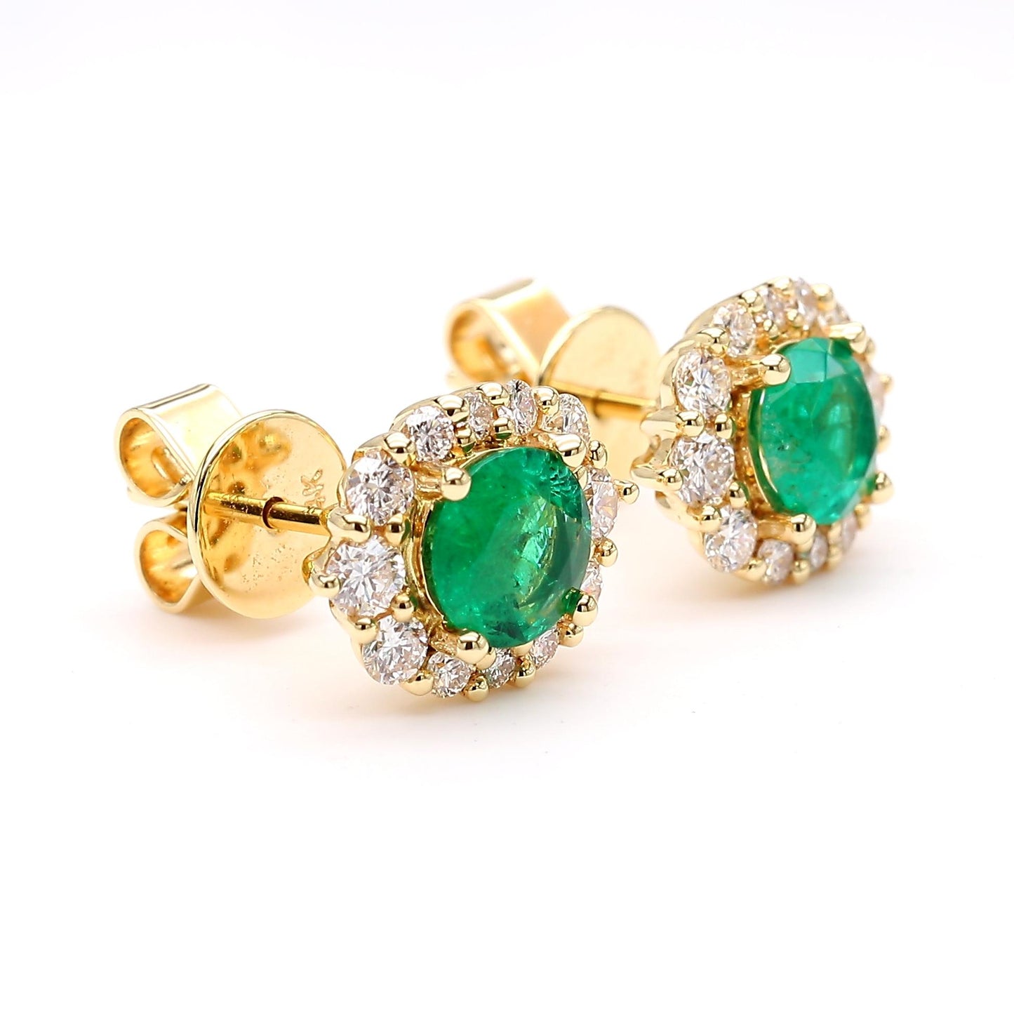 Natural Round Emerald and White Diamond 1.62 Carat TW Gold Stud Earrings