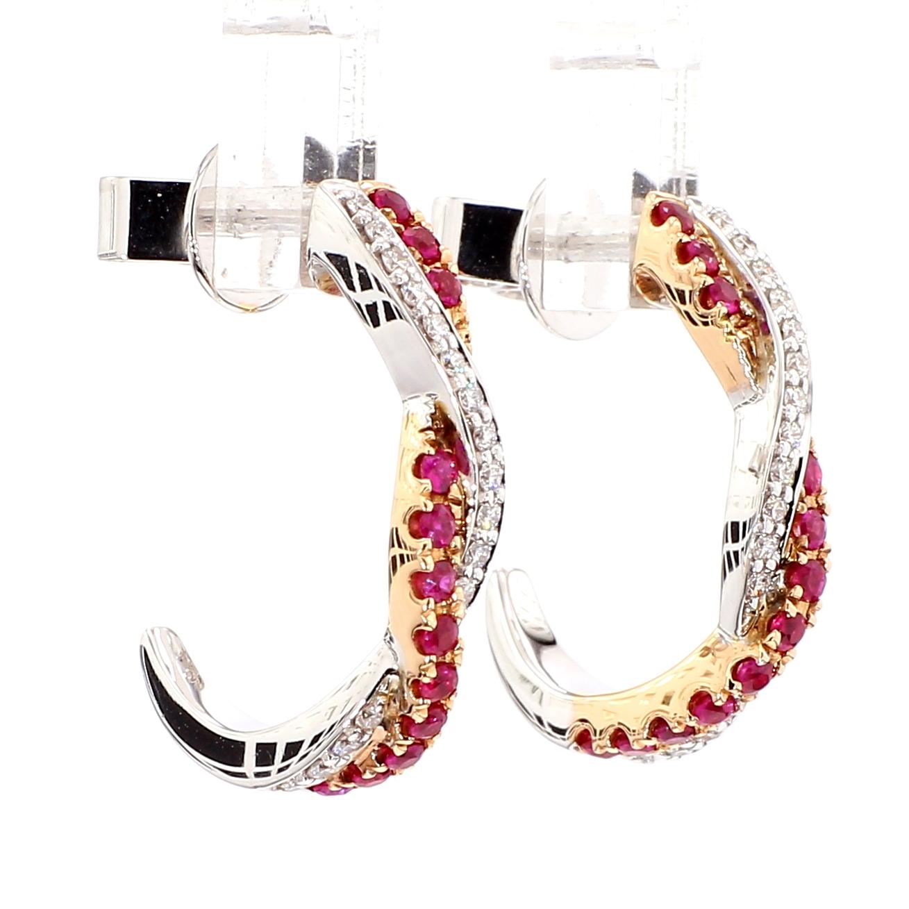 Natural Red Round Ruby and White Diamond 0.53 Carat TW Rose Gold Drop Earrings