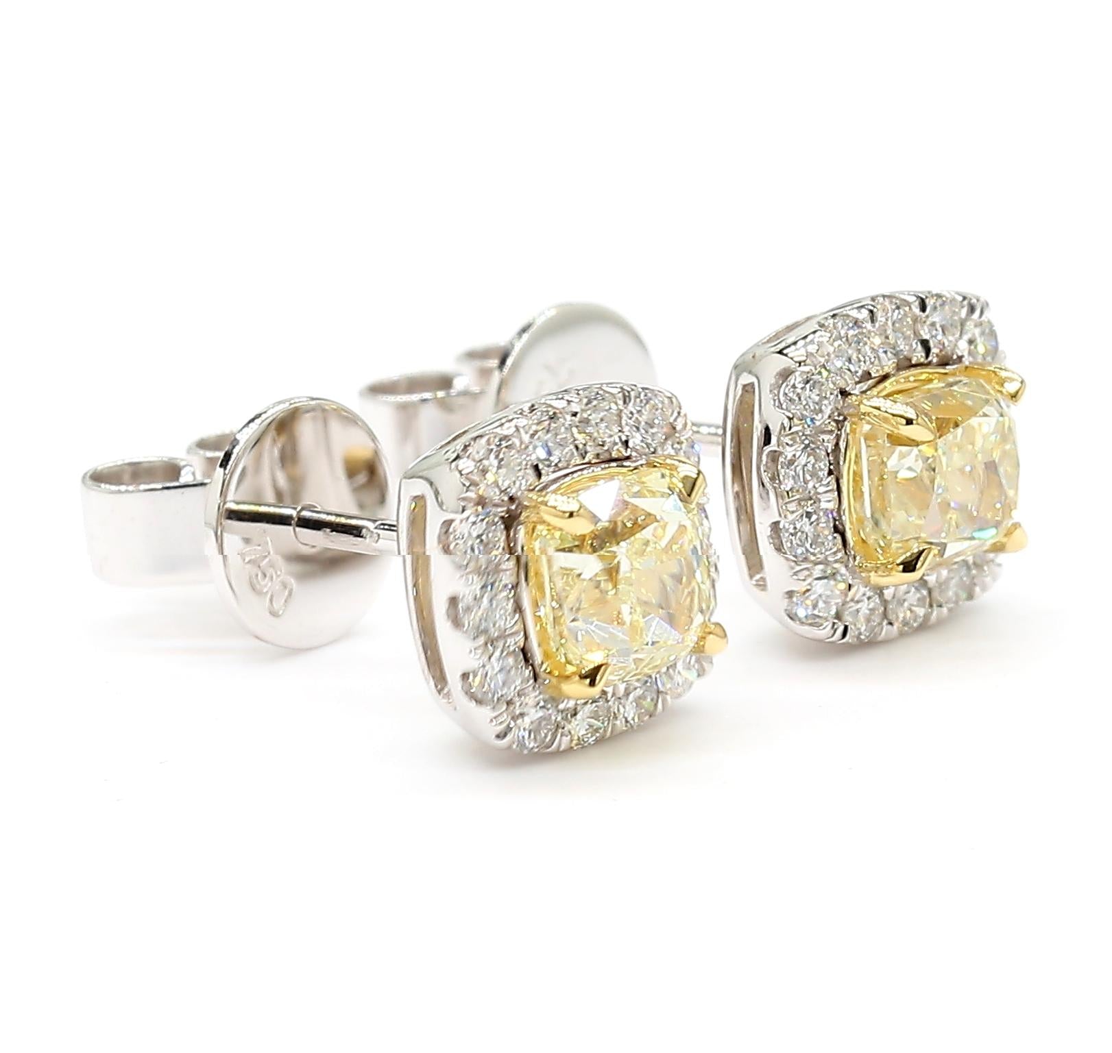 Natural Yellow Cushion Diamond 1.25 Carat TW Gold Stud Earrings