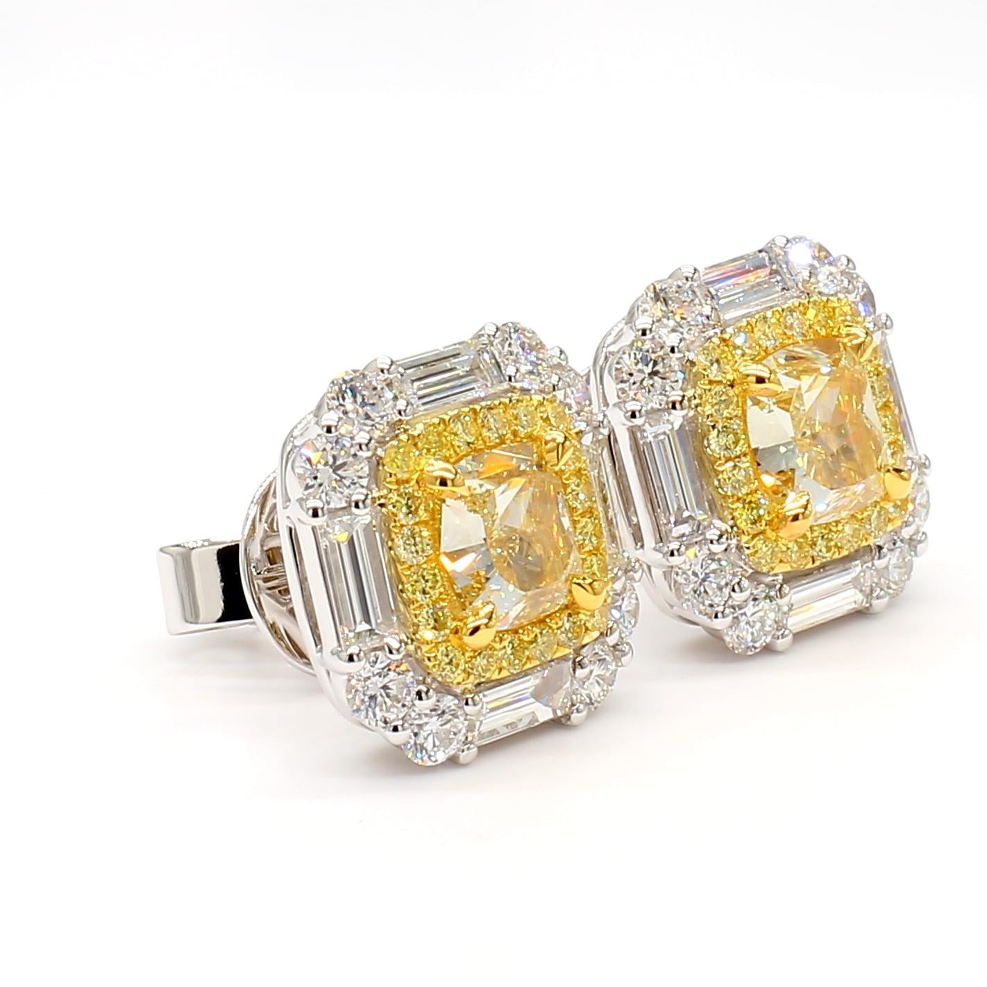 GIA Certified Natural Yellow Cushion Diamond 4.01 Carat TW Gold Stud Earrings