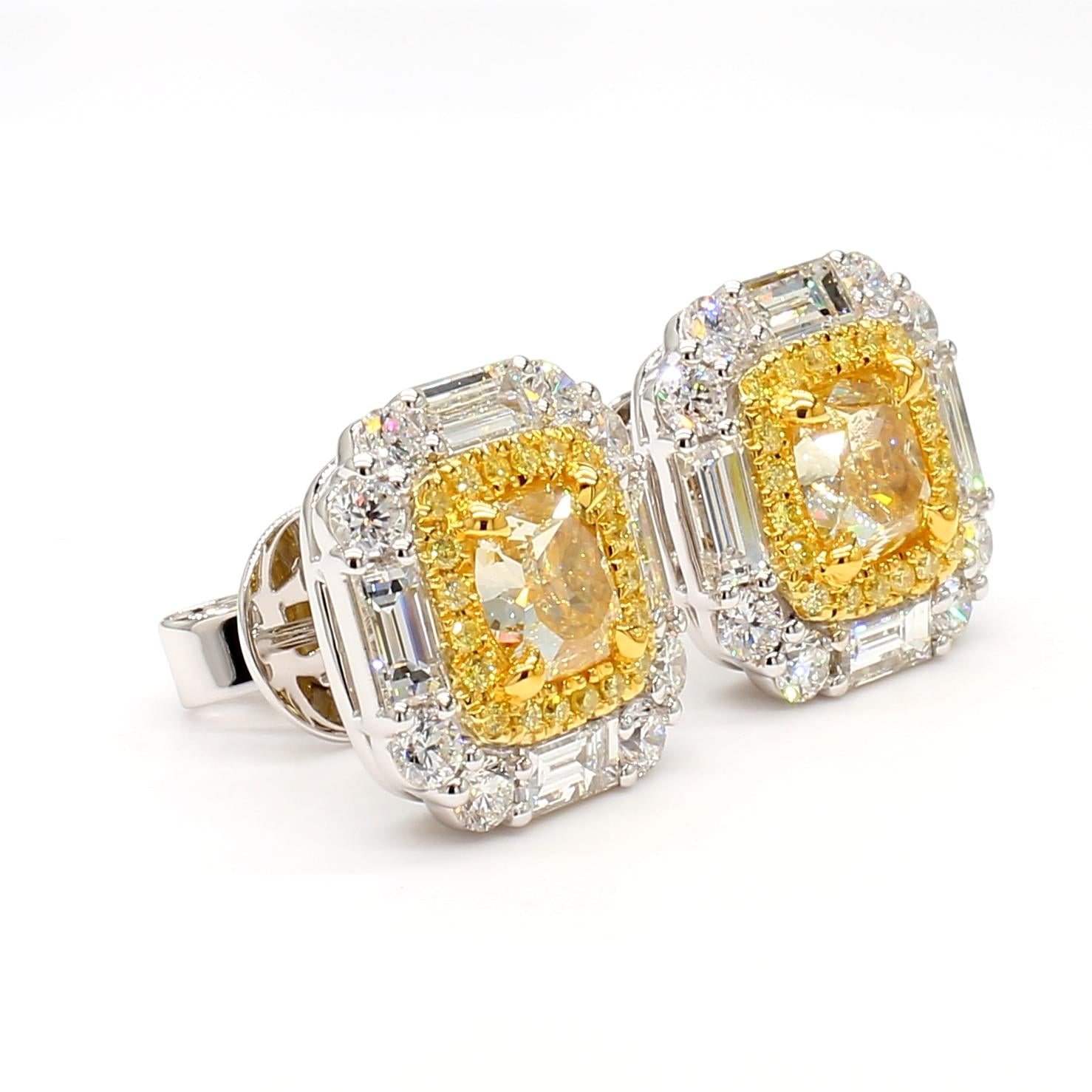 GIA Certified Natural Yellow Cushion Diamond 4.07 Carat TW Gold Stud Earrings