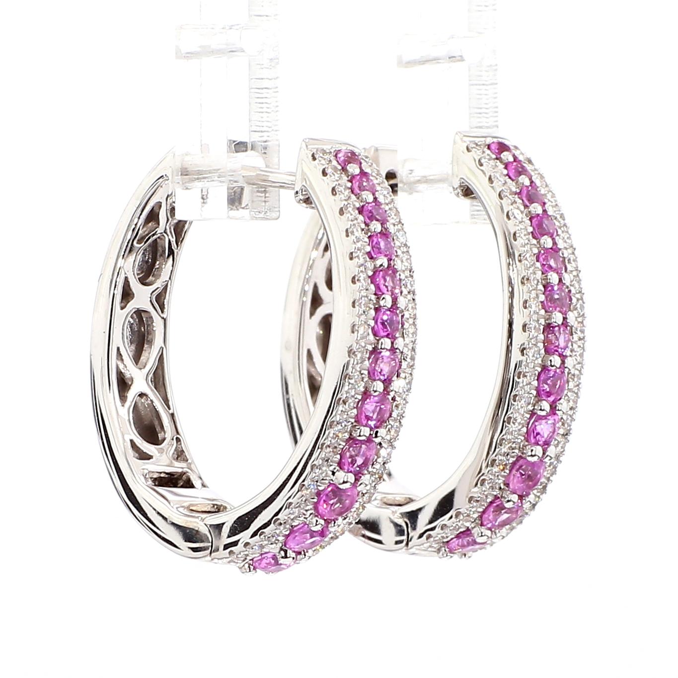 Natural Pink Round Sapphire and White Diamond 1.22 Carat TW White Gold Earrings