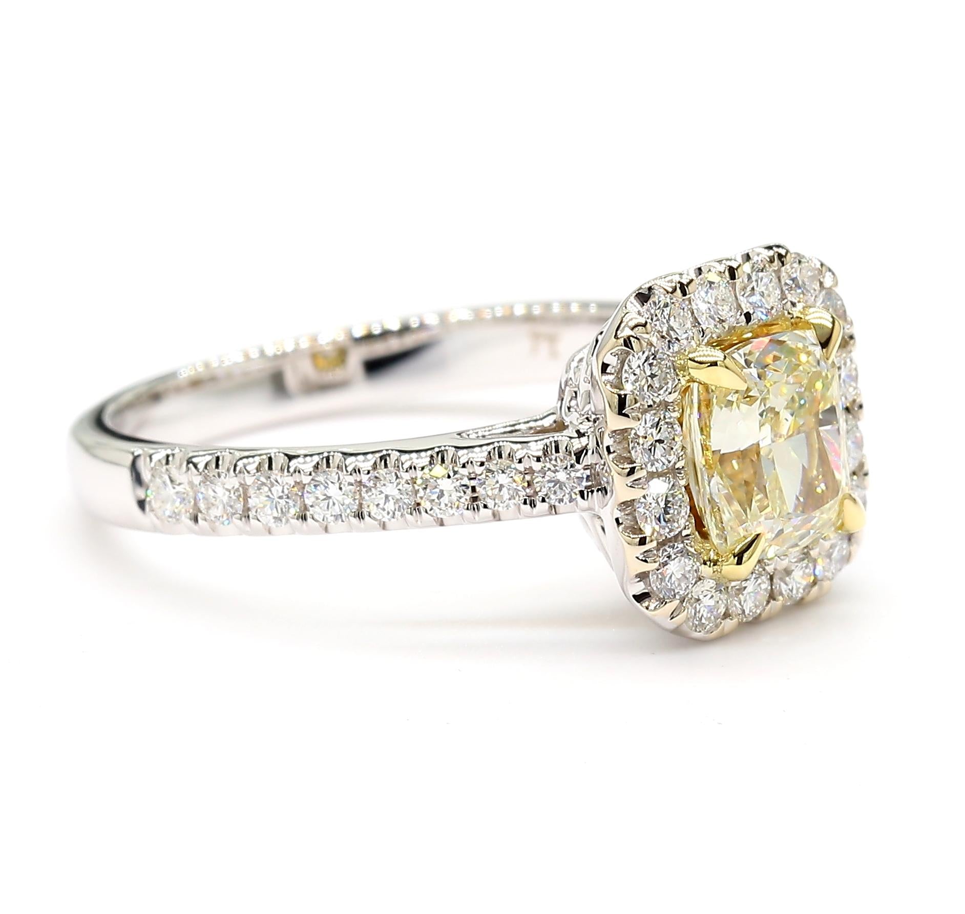 GIA Certified Natural Yellow Cushion Diamond 1.51 Carat TW Gold Cocktail Ring