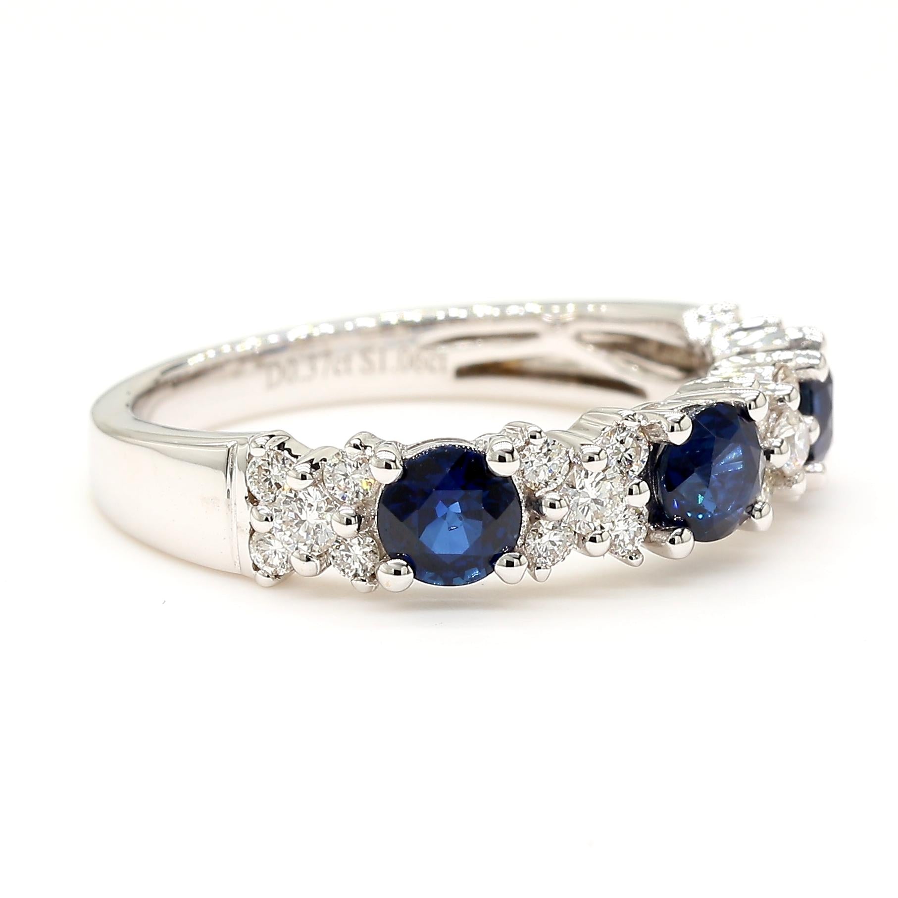 Natural Blue Round Sapphire and White Diamond 1.35 Carat TW Gold Cocktail Band