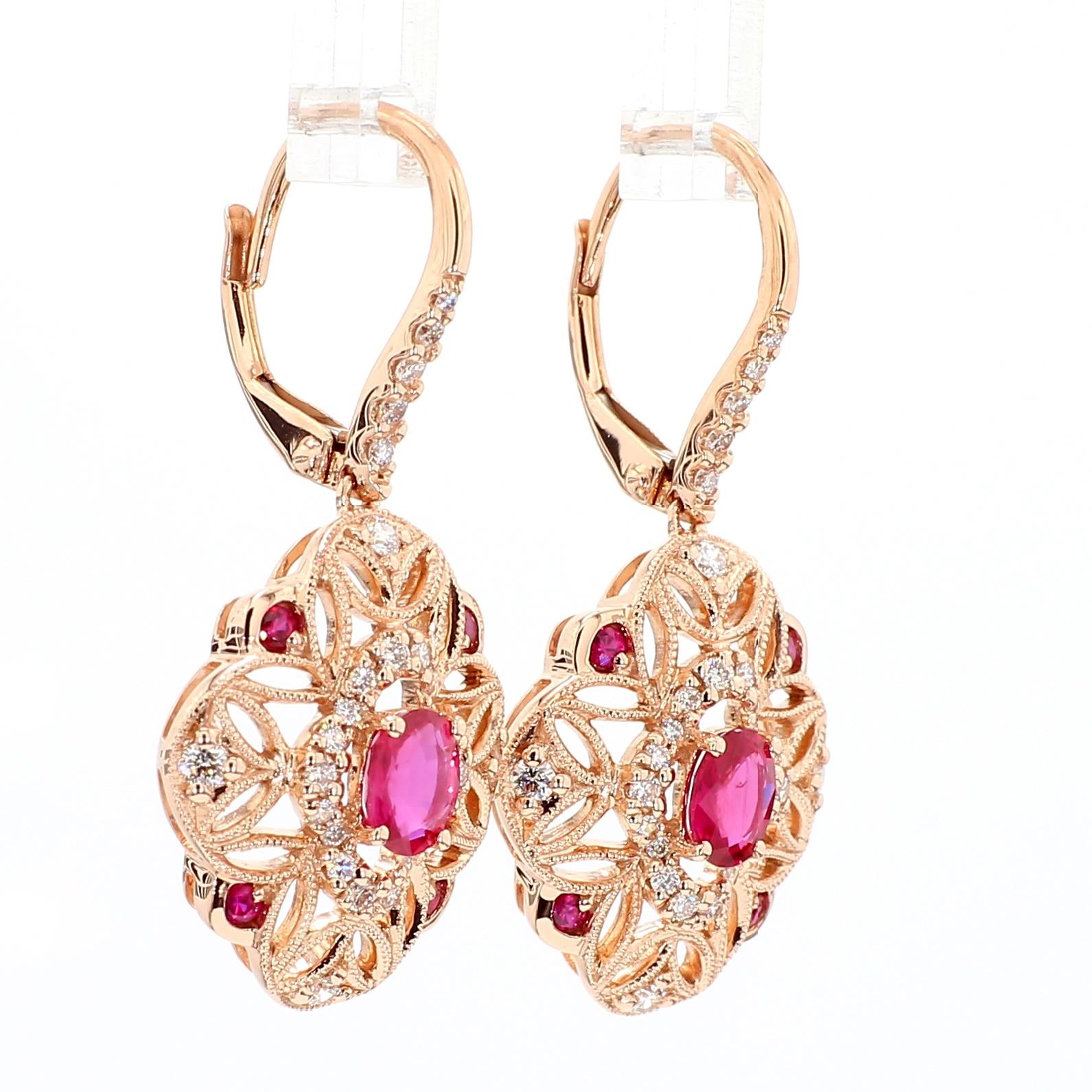 Natural Red Oval Ruby and White Diamond 1.46 Carat TW Gold Drop Earrings