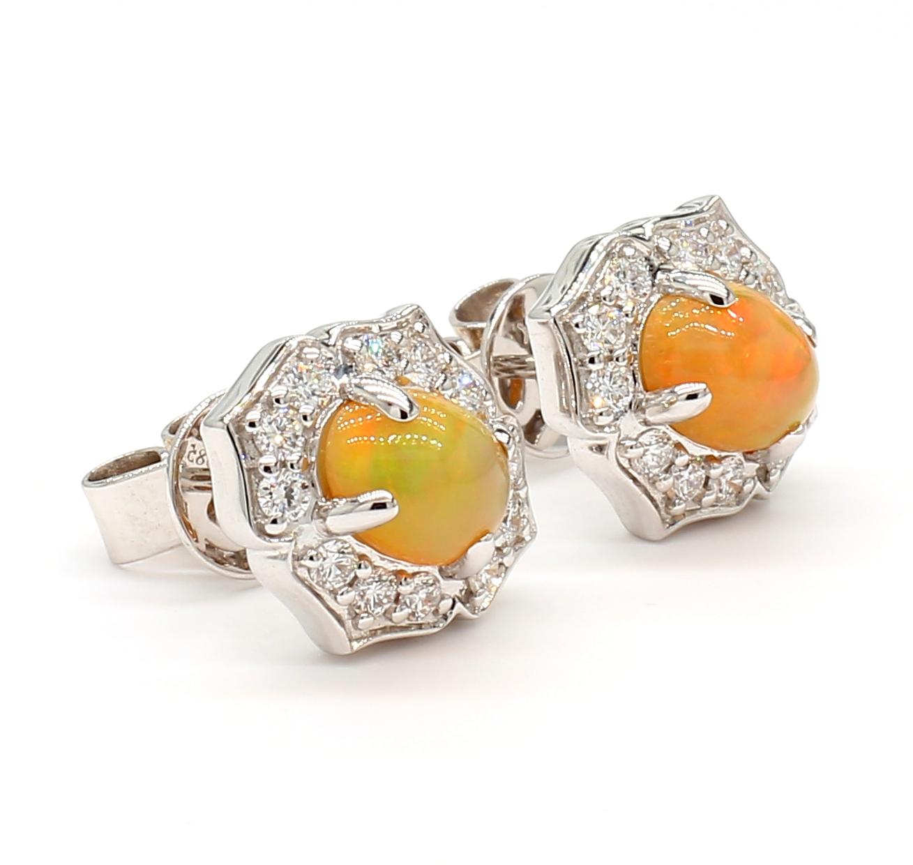 Natural Oval Opal and White Diamond 1.57 Carat TW White Gold Stud Earrings