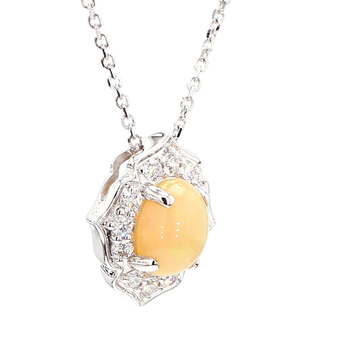 Natural Oval Opal and White Diamond 1.14 Carat TW Gold Drop Pendant