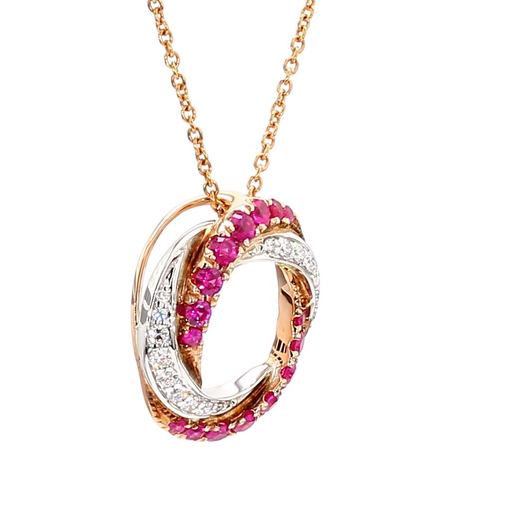 Natural Round Red Ruby and White Diamond .78 Carat TW Rose Gold Drop Pendant