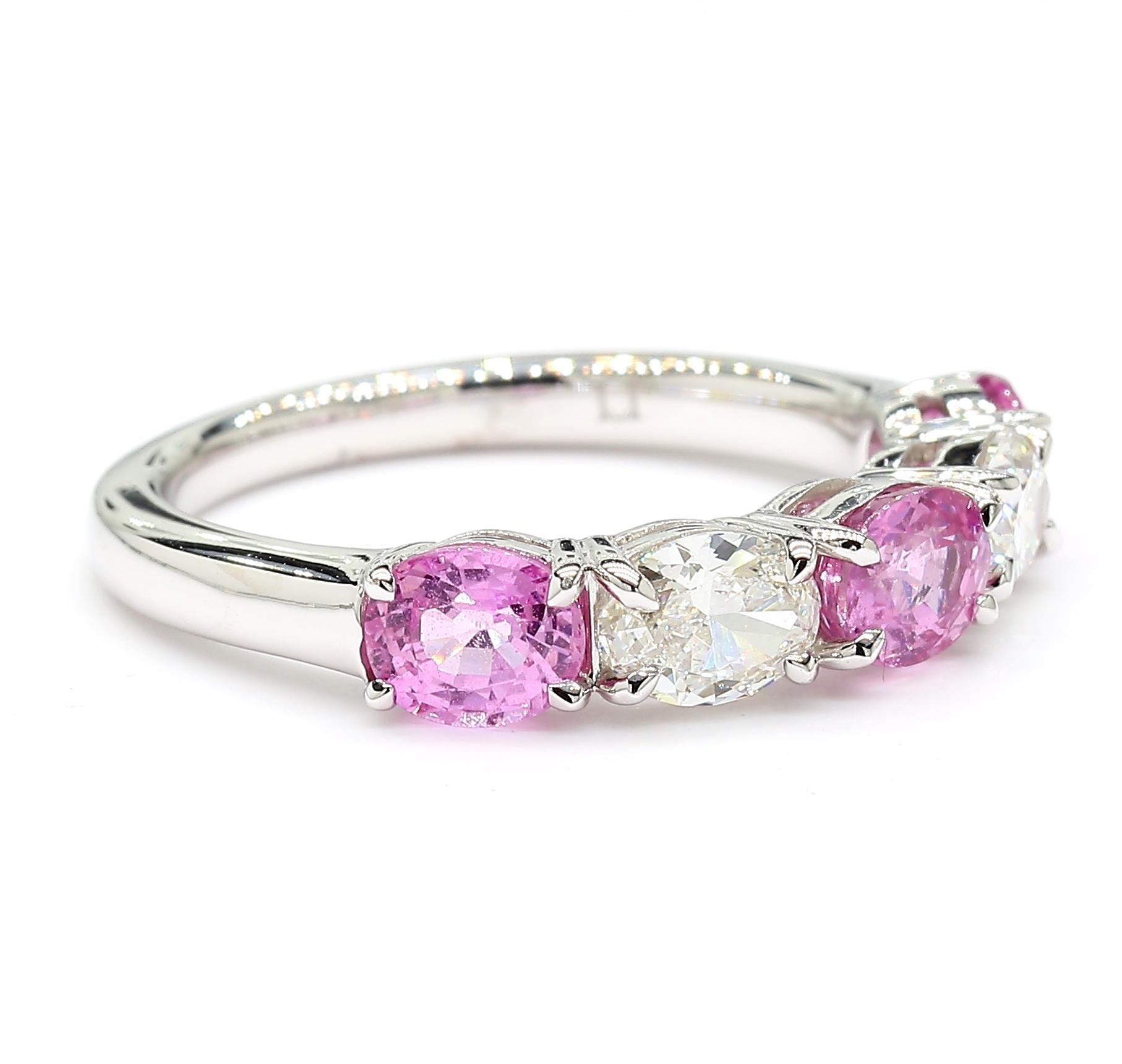 Natural Pink Oval Sapphire and White Diamond 1.97 Carat TW Gold Wedding Band