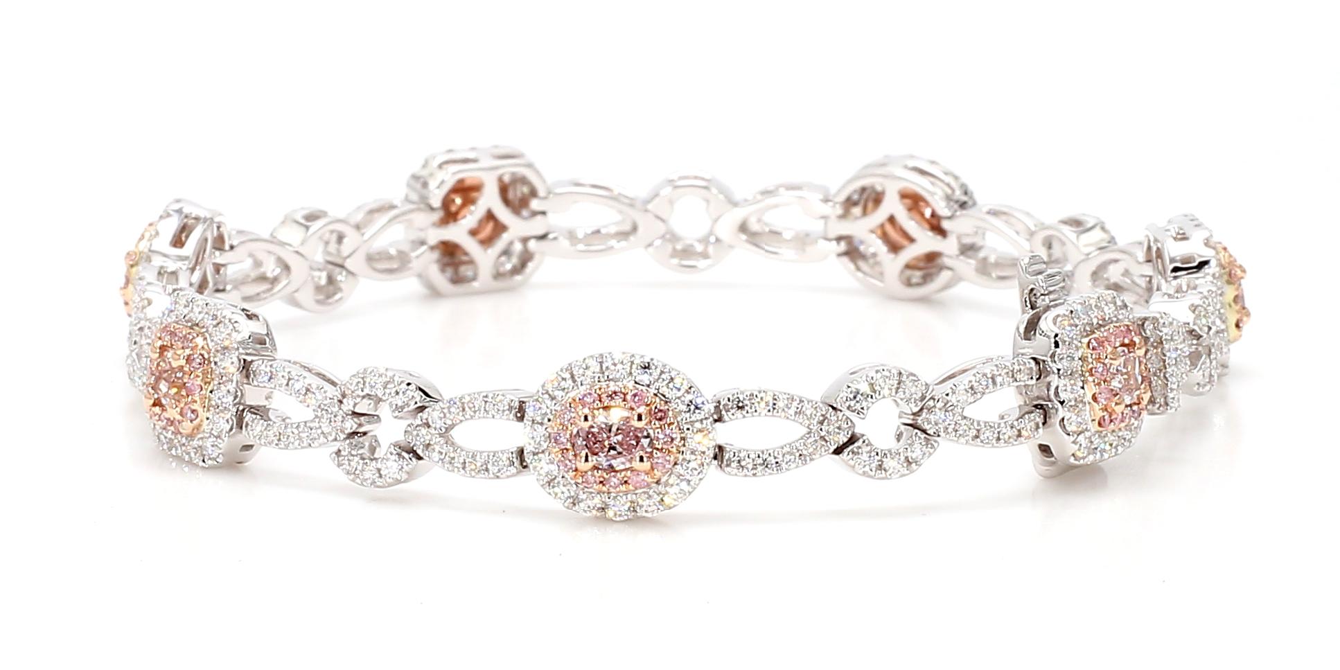 GIA Certified Natural Pink Mix Diamond 3.52 Carat TW Gold Tennis Bracelet