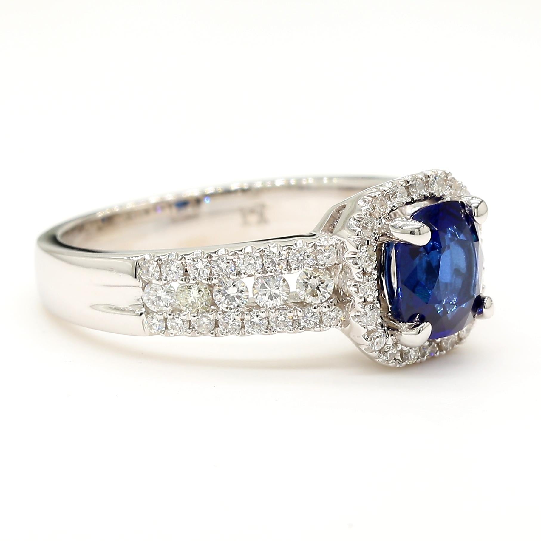 Natural Blue Cushion Sapphire and White Diamond 1.58 Carat TW Gold Cocktail Ring