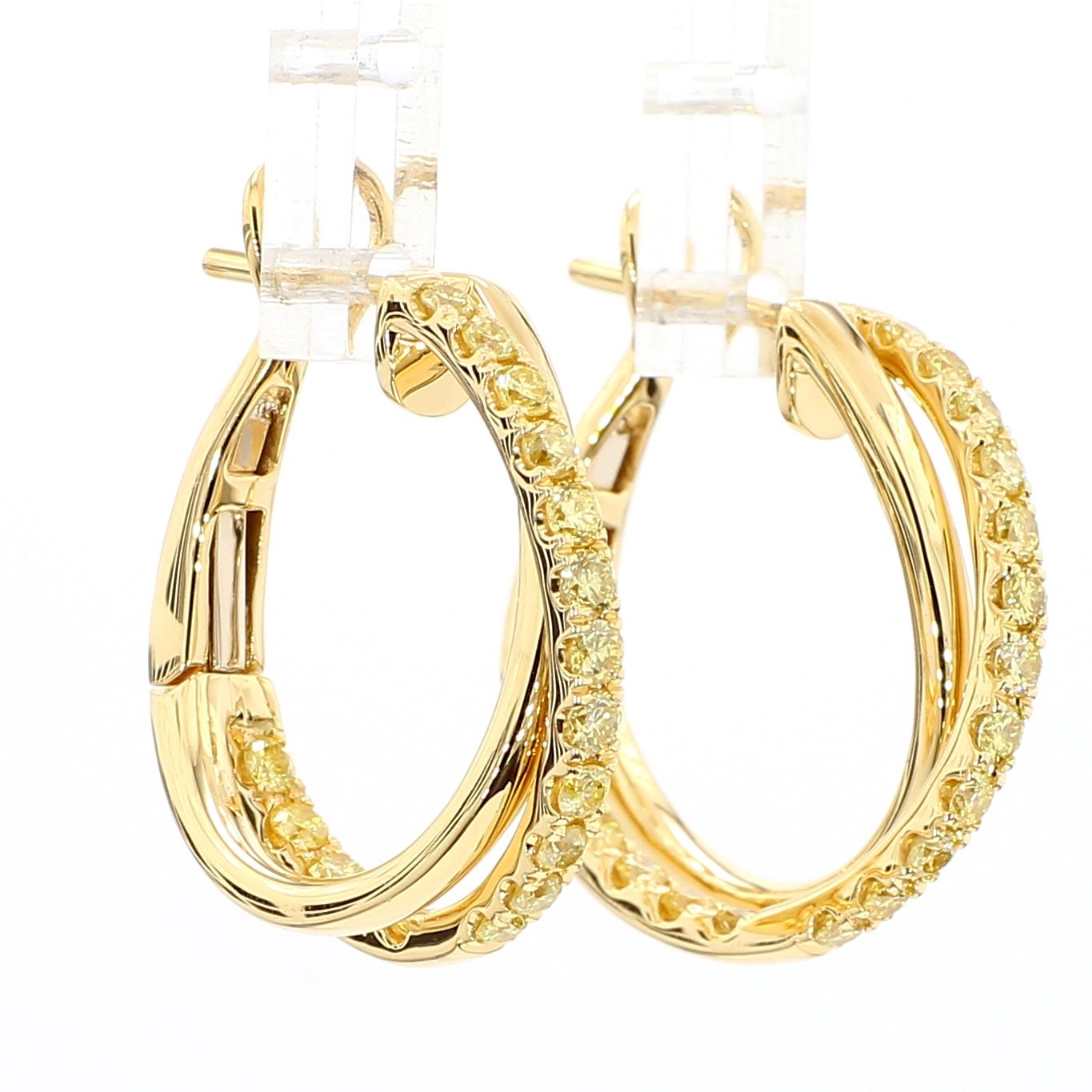 Natural Yellow Round Diamond .96 Carat TW Yellow Gold Hoop Earrings