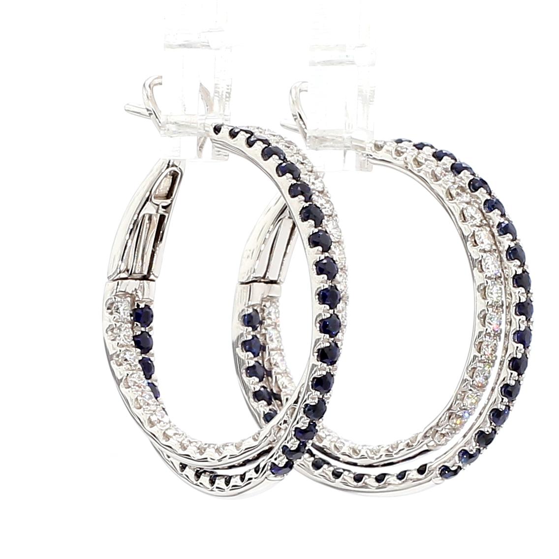 Natural Blue Round Sapphire and White Diamond 3.09 Carat TW Gold Hoop Earrings