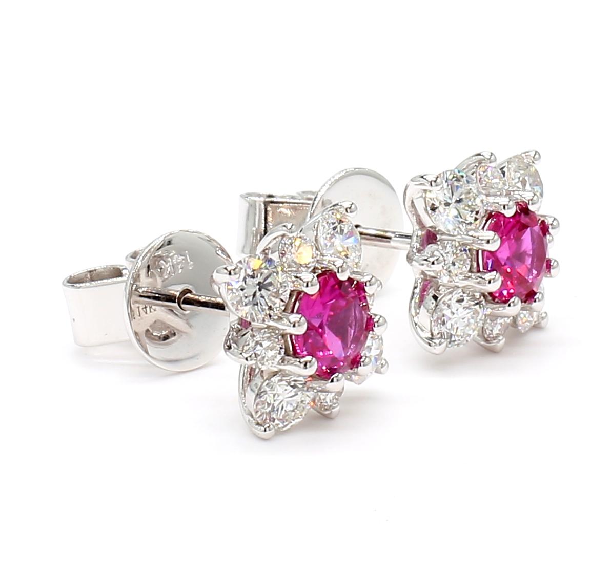 Natural Red Round Ruby and White Diamond 1.47 Carat TW White Gold Stud Earrings