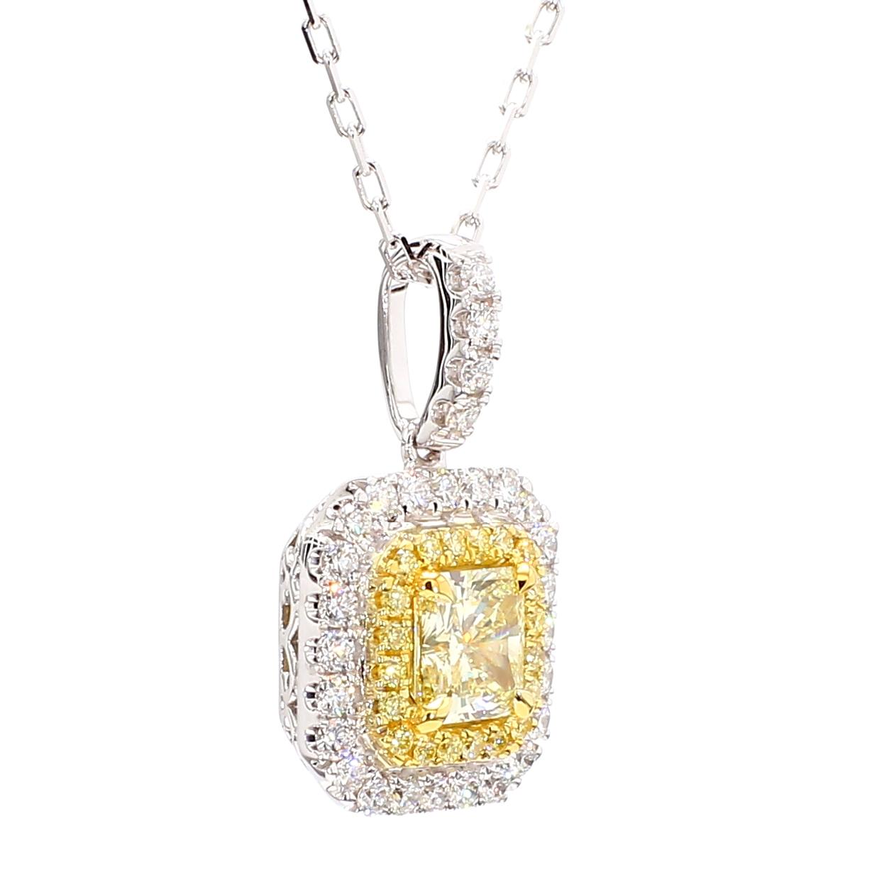 GIA Certified Natural Yellow Radiant Diamond 1.45 Carat TW Gold Drop Pendant