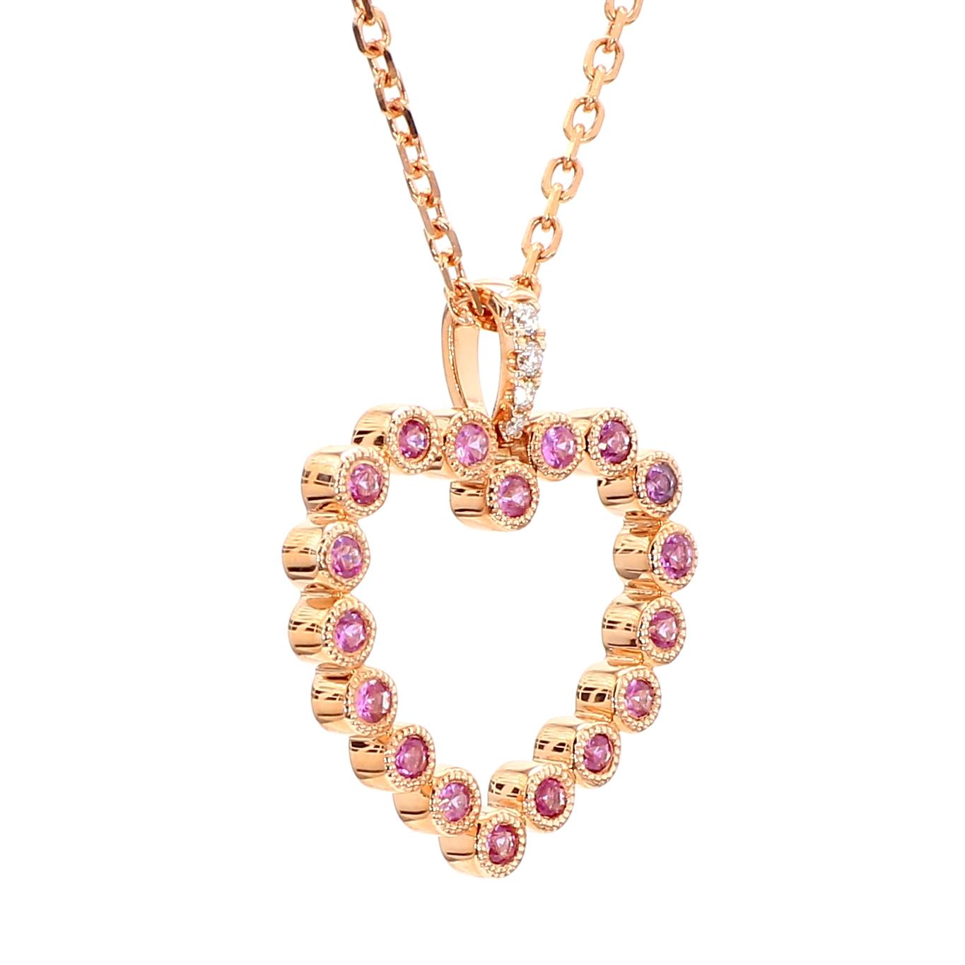 Natural Pink Round Sapphire and White Diamond .33 Carat TW Rose Gold Pendant