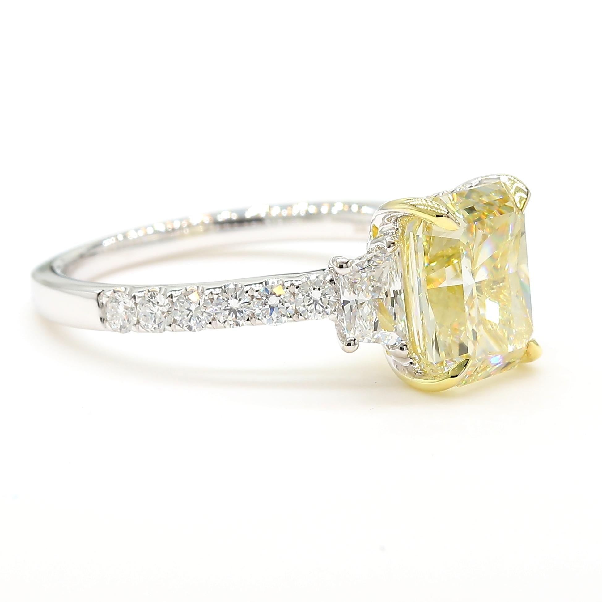 GIA Certified Natural Yellow Radiant Diamond 3.30 Carat TW Gold Cocktail Ring