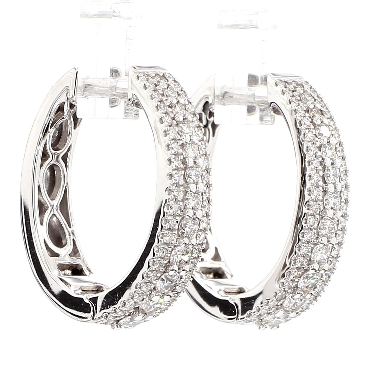 Natural White Round Diamond 1.01 Carat TW White Gold Hoop Earrings