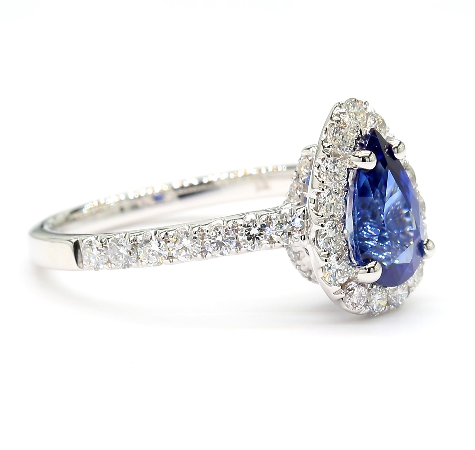 Natural Blue Pear Sapphire and White Diamond 1.79 Carat TW Gold Cocktail Ring