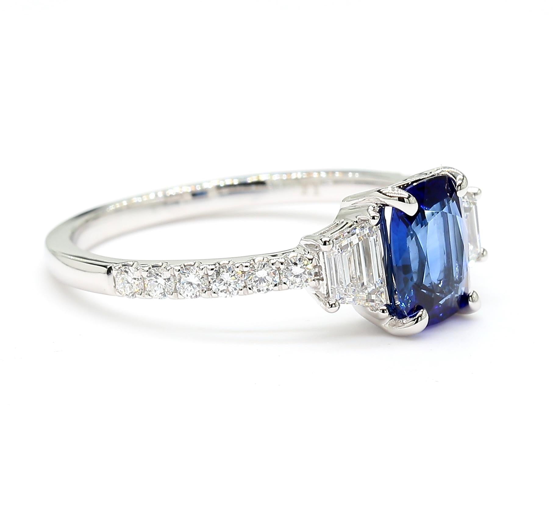 Natural Blue Cushion Sapphire and White Diamond 1.49 Carat TW Gold Cocktail Ring