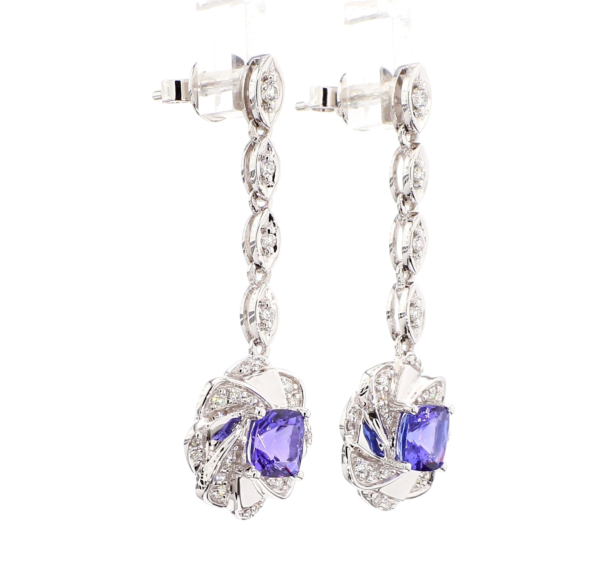 Natural Blue Cushion Tanzanite and White Diamond 1.63 Carat TW Gold Earrings