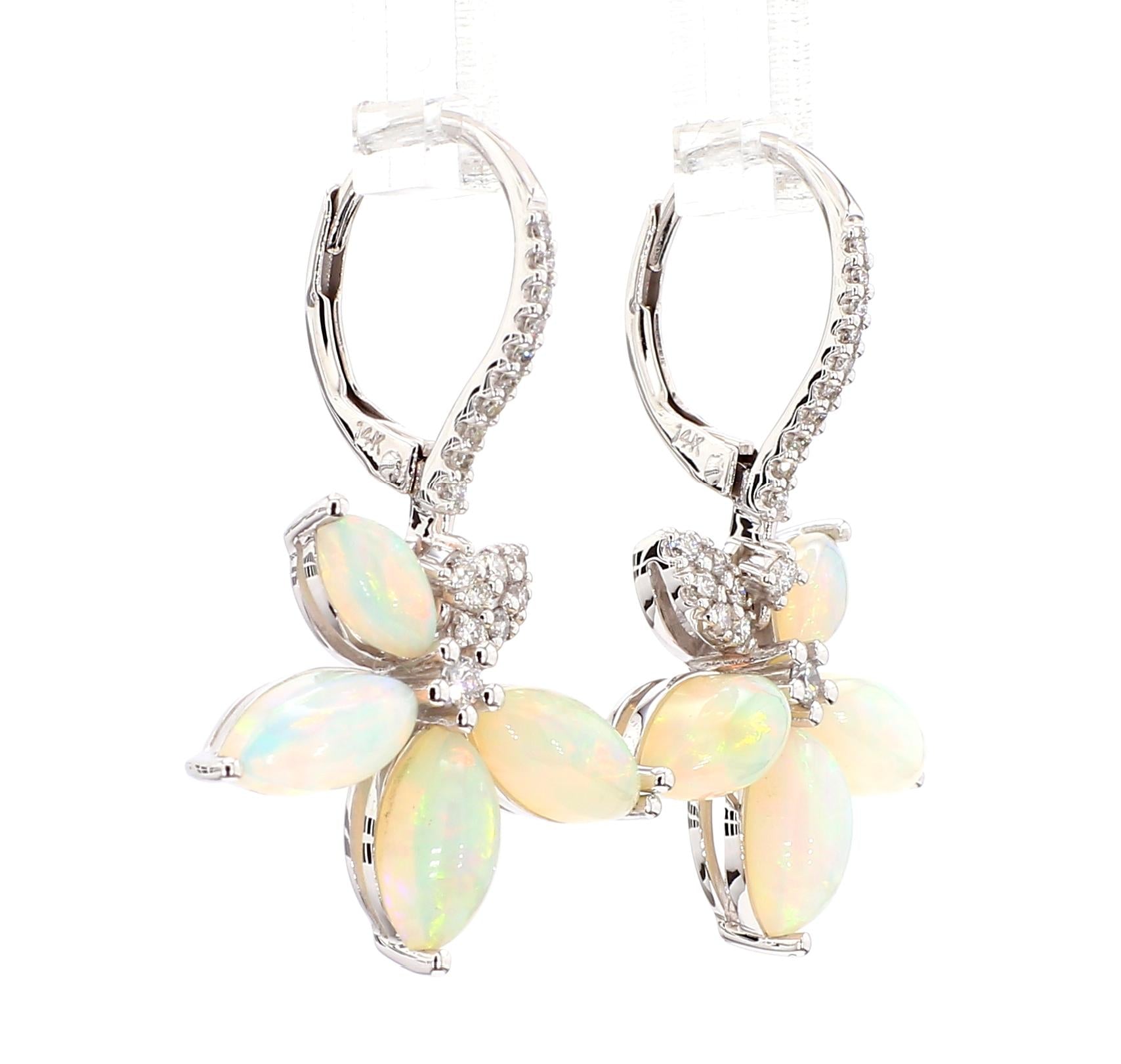 Natural Marquise Opal and White Diamond 3.81 Carat TW White Gold Drop Earrings