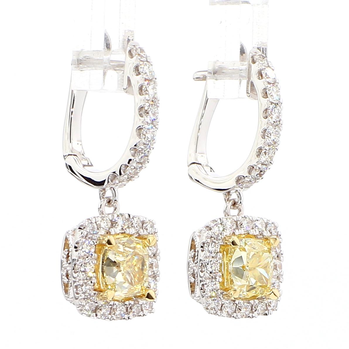 Natural Yellow Cushion Diamond 2.35 Carat TW Gold Drop Earrings