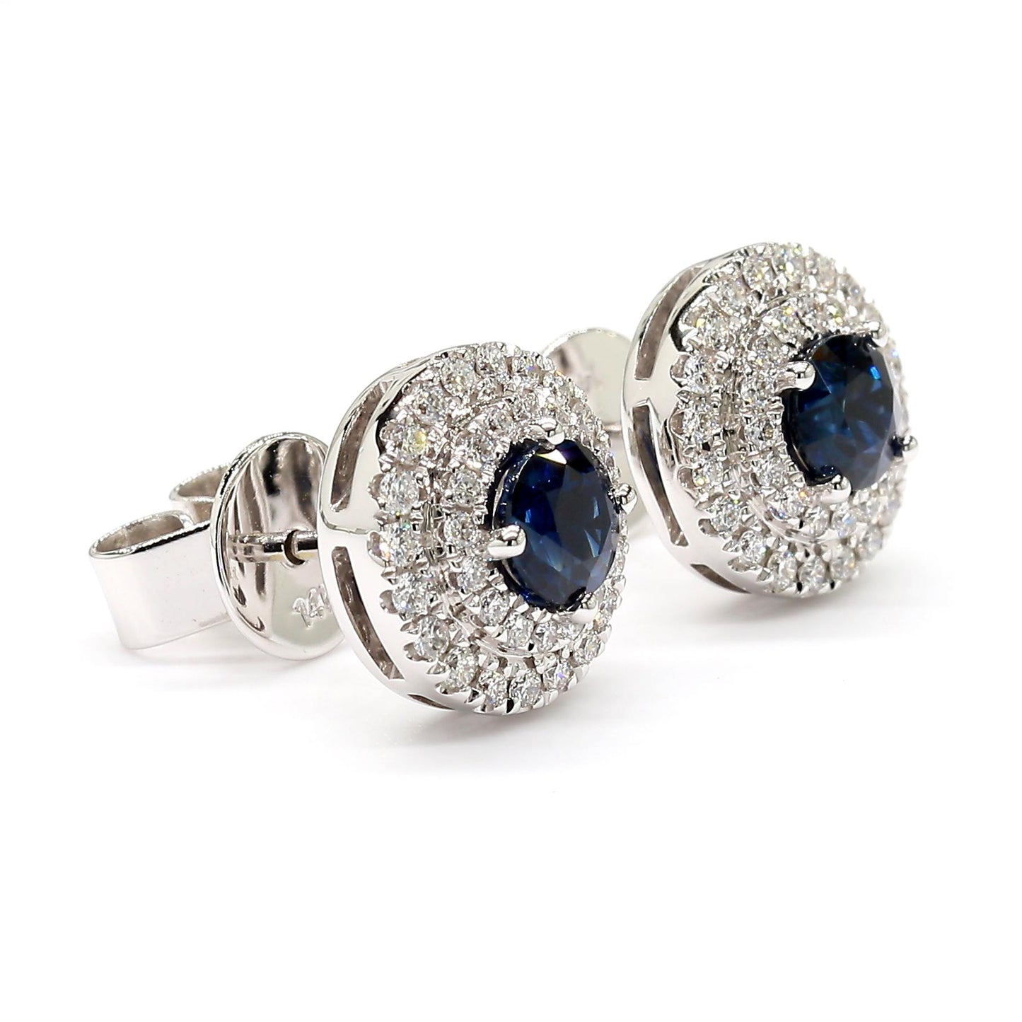 Natural Blue Round Sapphire and Diamond 1.01 Carat TW Gold Stud Earrings