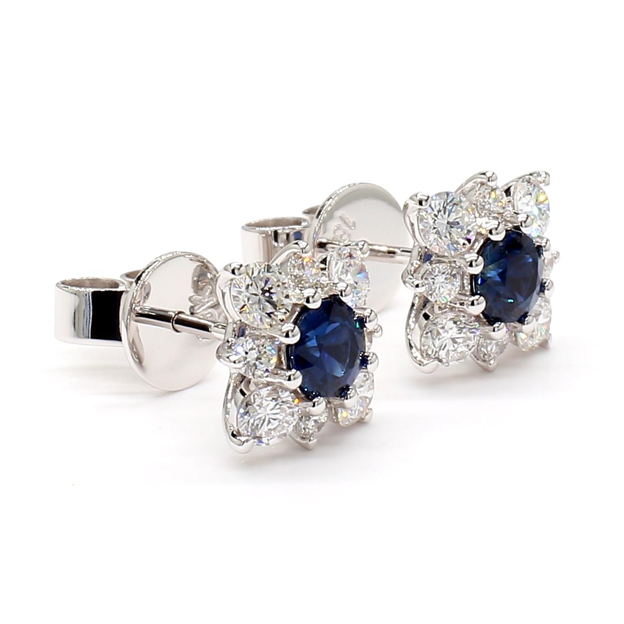 Natural Blue Round Sapphire and Diamond 1.50 Carat TW Gold Stud Earrings