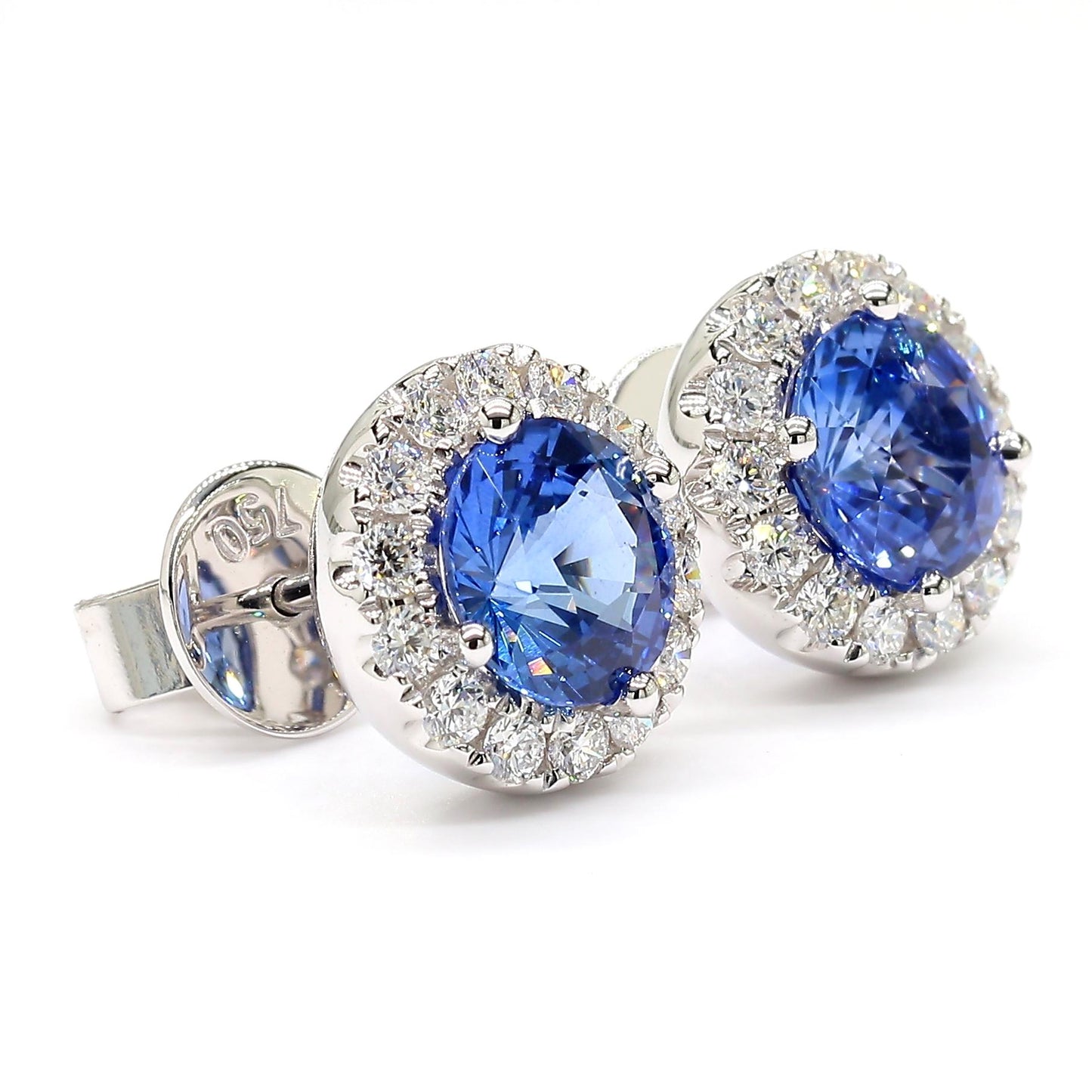 Natural Blue Round Sapphire and Diamond 3.93 Carat TW Gold Stud Earrings