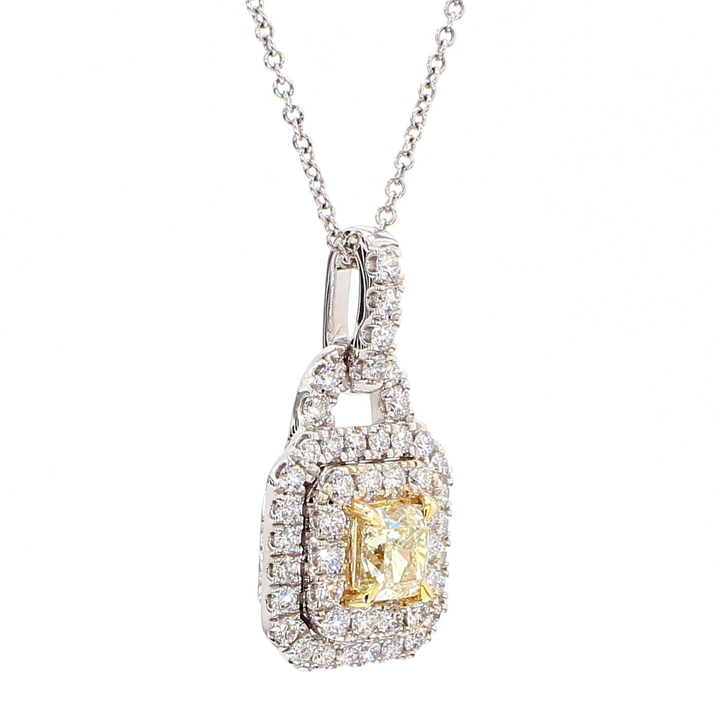 Natural Yellow Cushion and White Diamond 1.21 Carat TW Gold Drop Pendant