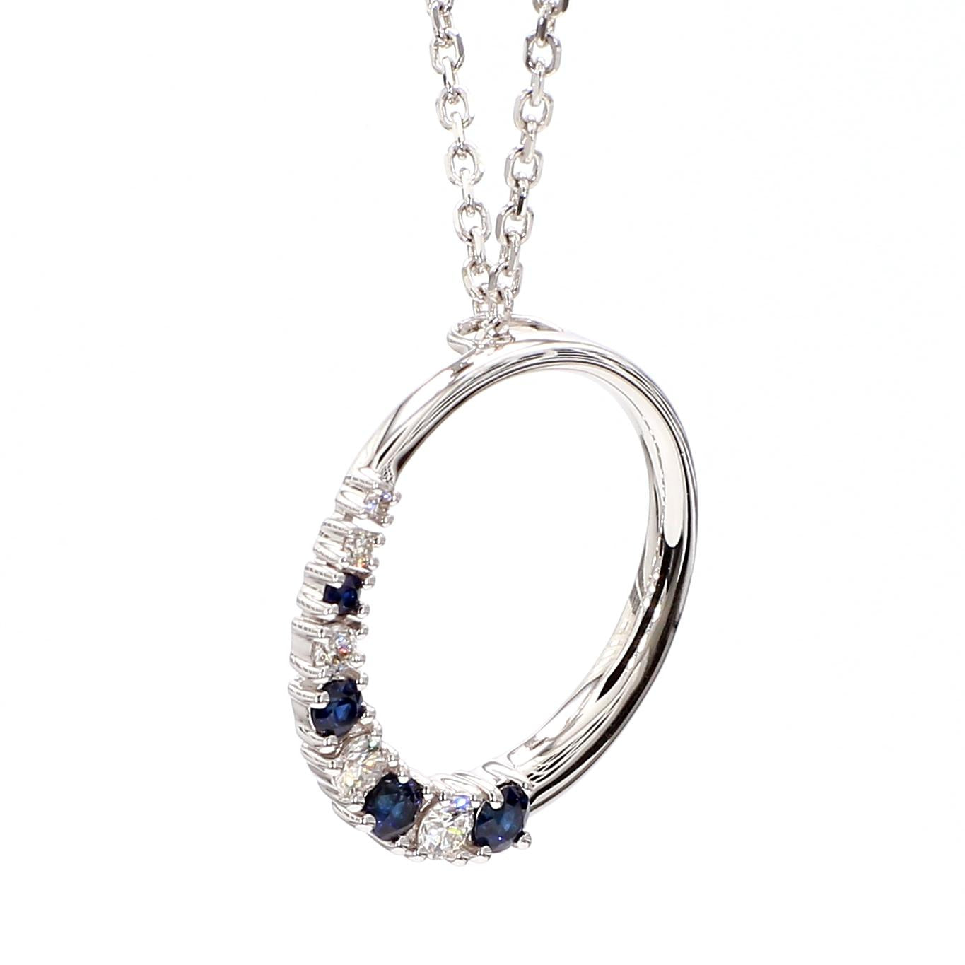 Natural Blue Round Sapphire and White Diamond 0.37 Carat TW White Gold Pendant