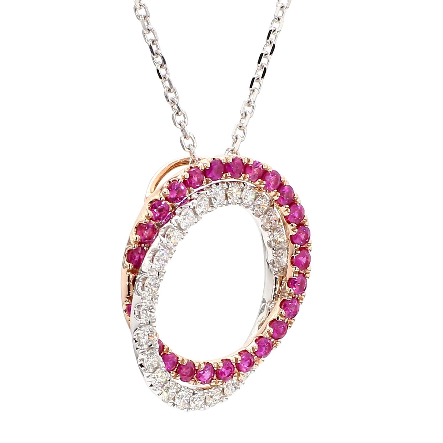 Natural Round Red Ruby and White Diamond 1.45 Carat TW Rose Gold Drop Pendant